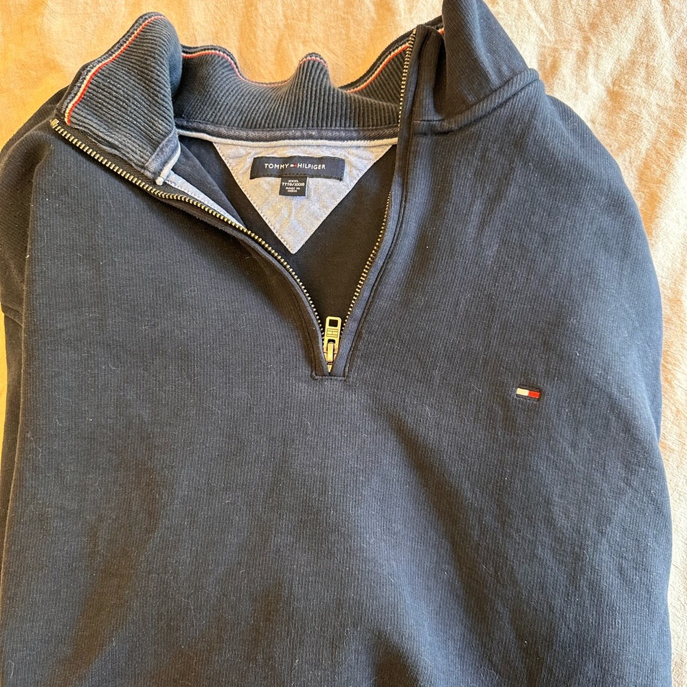 Tommy Hilfiger Navy Zip Up Sweater with Standing Collar
